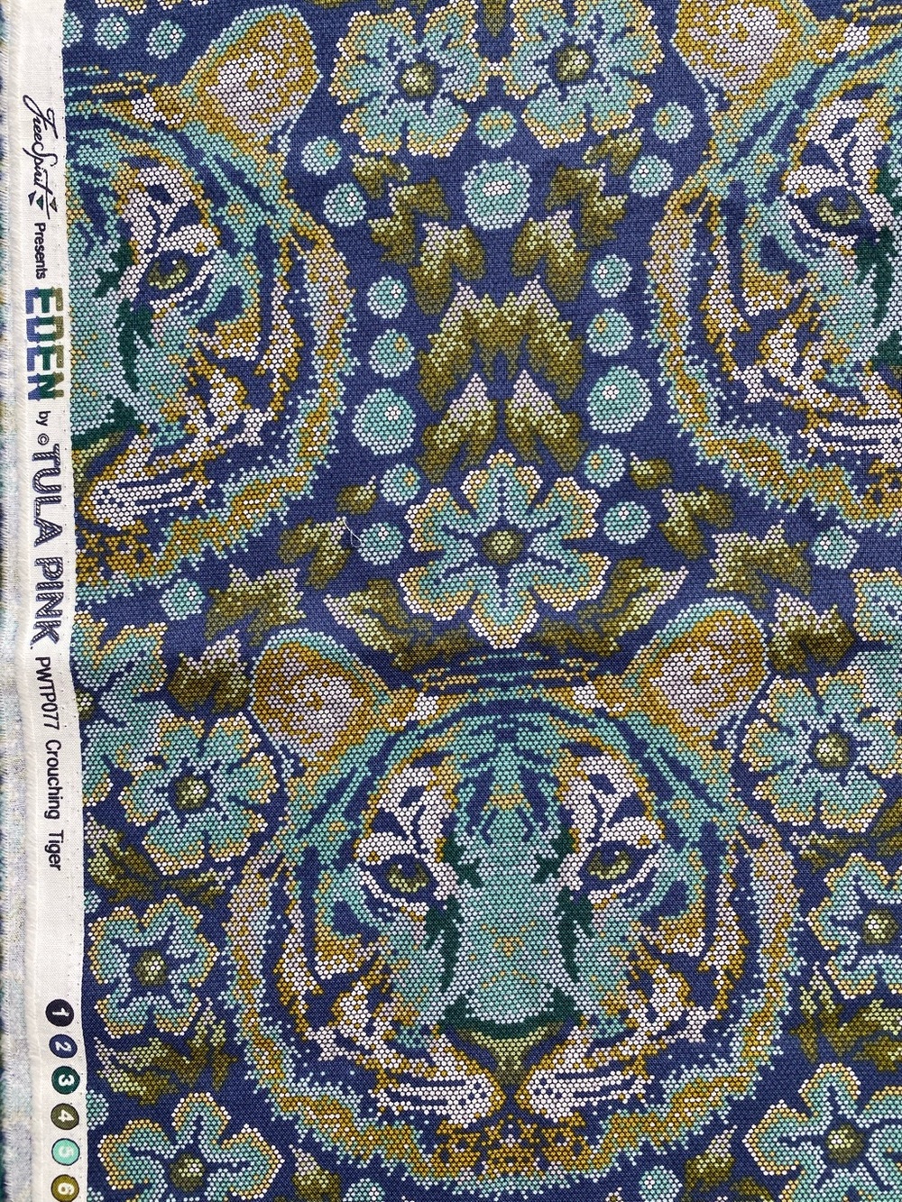 OOP Tula Pink - 1yd "Crouching Tiger" in Sapphire Colorway. Retired; Rare.